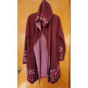 Maxsport Women Cardigan Large Burgundy Knit Hooded Open Front Floral Pockets